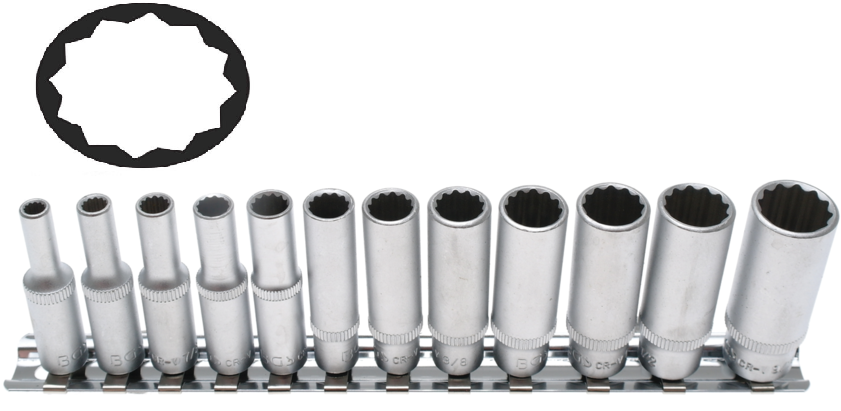 Set douilles longues 1/4'' 12 pans 12 pcs